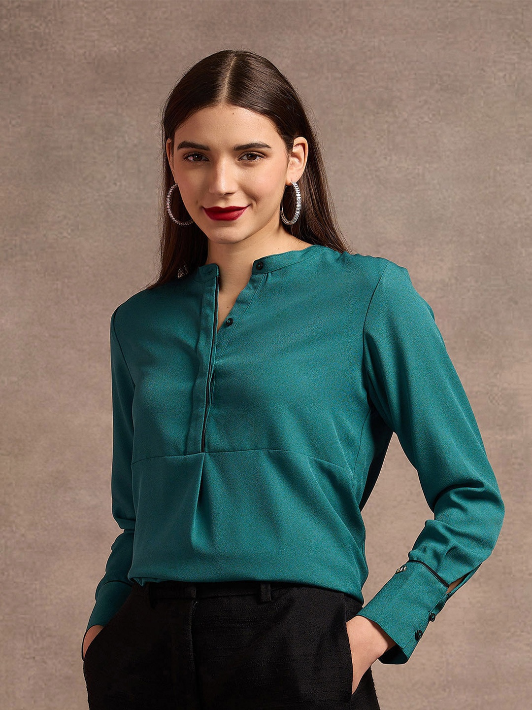 U.S. Polo Assn. Women Solid Mandarin Collar Top, Teal