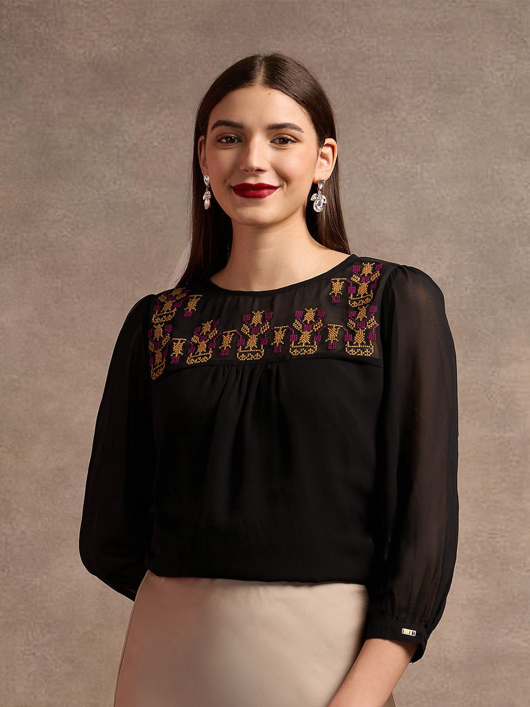 

U.S. Polo Assn. Women Embroidered Abstract Round Neck Top, Black
