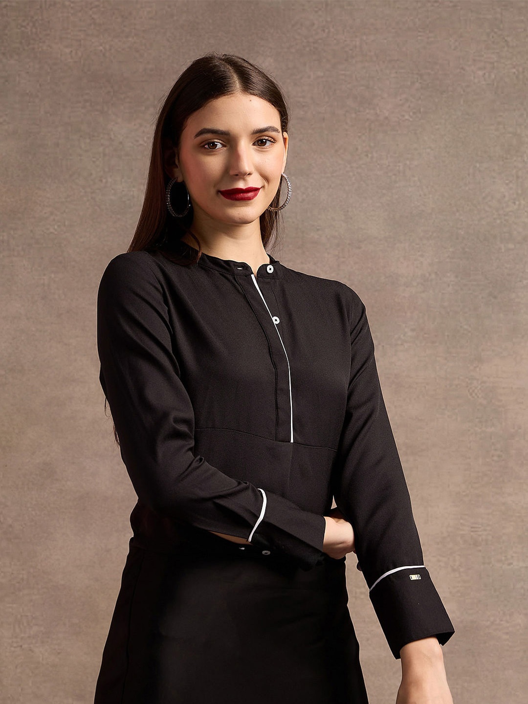 

U.S. Polo Assn. Women Solid Mandarin Collar Top, Black