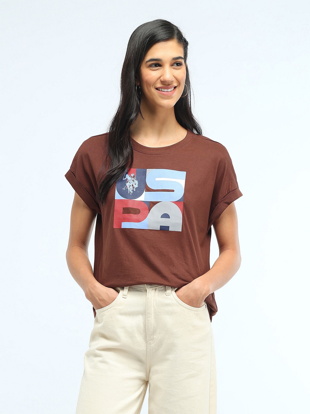 U.S. Polo Assn. Women Typography Printed Pure Cotton T-shirt, Brown