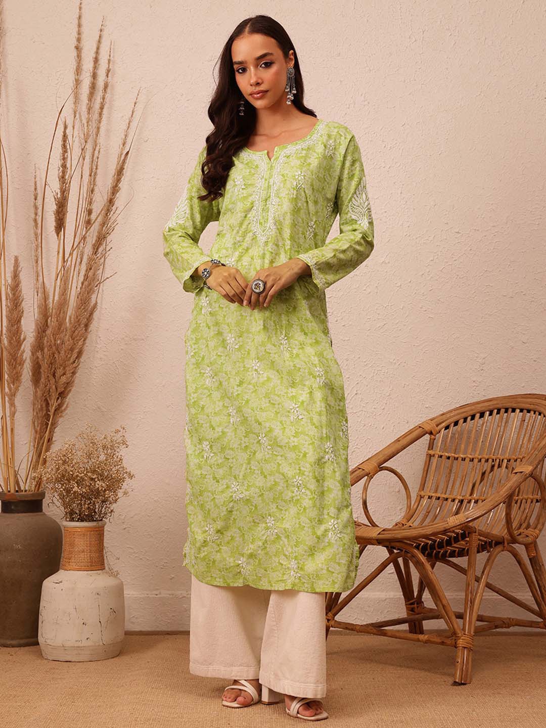 

ADA Floral Printed Notch Neck Lucknowi Chikankari Cotton Straight Kurta, Green