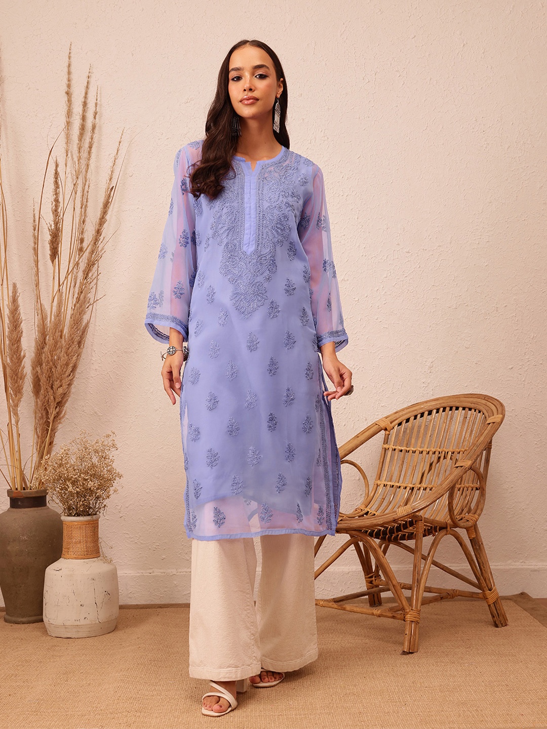 

ADA Floral Embroidered Notch Neck Lucknowi Chikankari Georgette Straight Kurta With Slip, Mauve