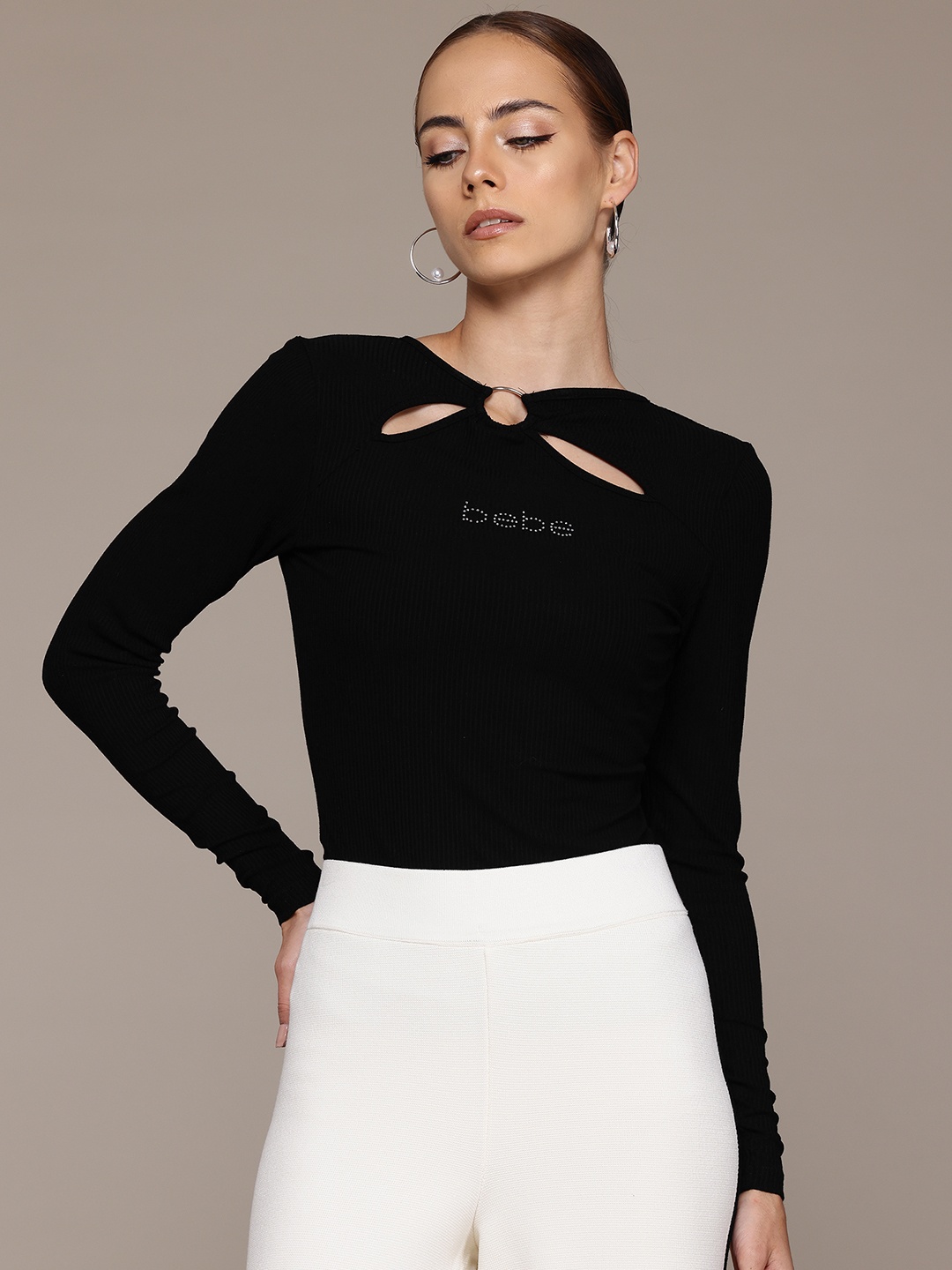

bebe Season Staples High Neck Cut Outs Top, Black
