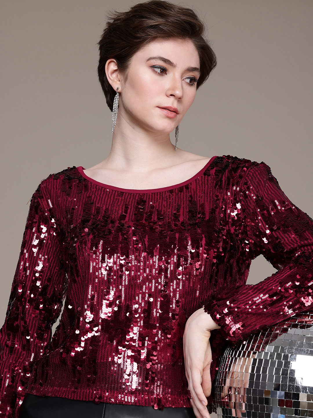 

bebe Sequined Embellished Party Top, Maroon