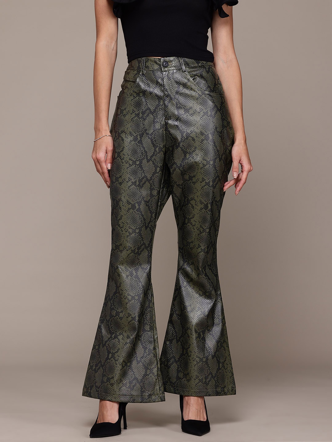 

bebe Women All Day Animal Skin Textured High-Rise Trousers, Olive