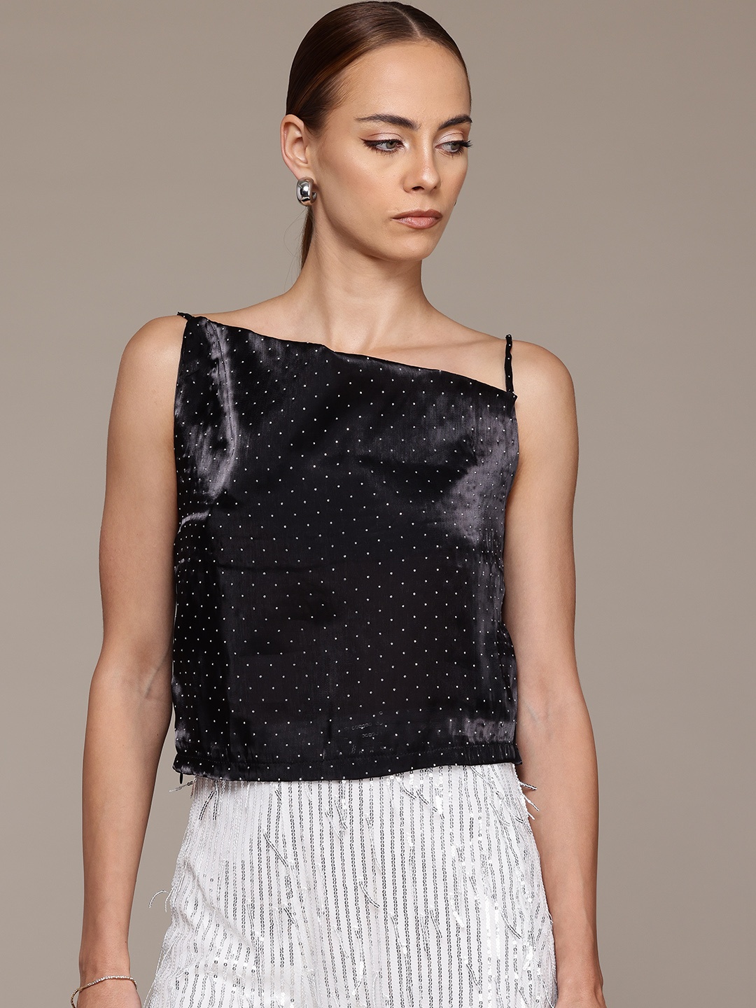 

bebe Embellished One Shoulder Top, Black