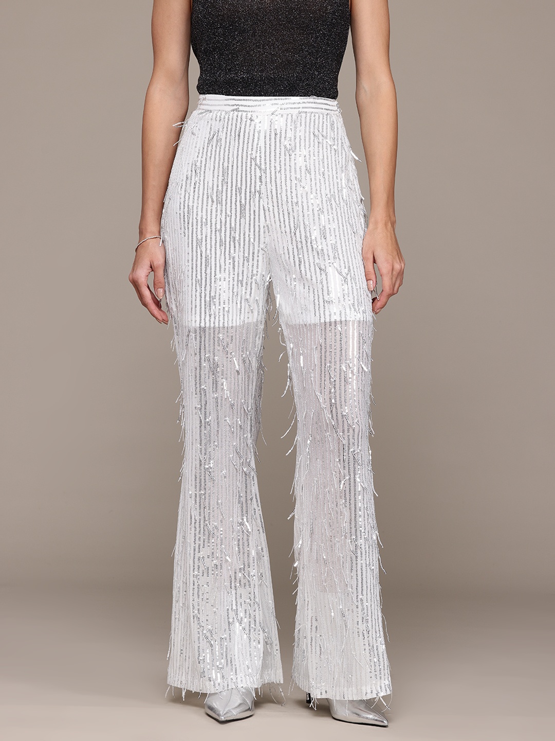 

bebe Women Future Glam Sequin Embellished High-Rise Trousers, White