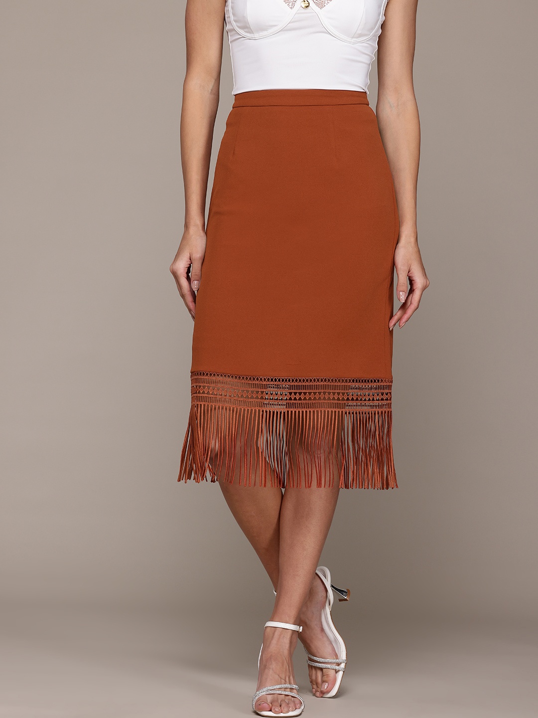 

bebe Soft Romance Fringed Bohemian Skirt, Rust