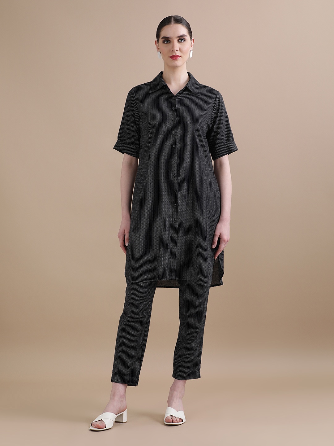 

BLACK & BLAH BLAH Relaxed Fit Kantha A-Line Pure Cotton Monochrome Kurta and Trouser