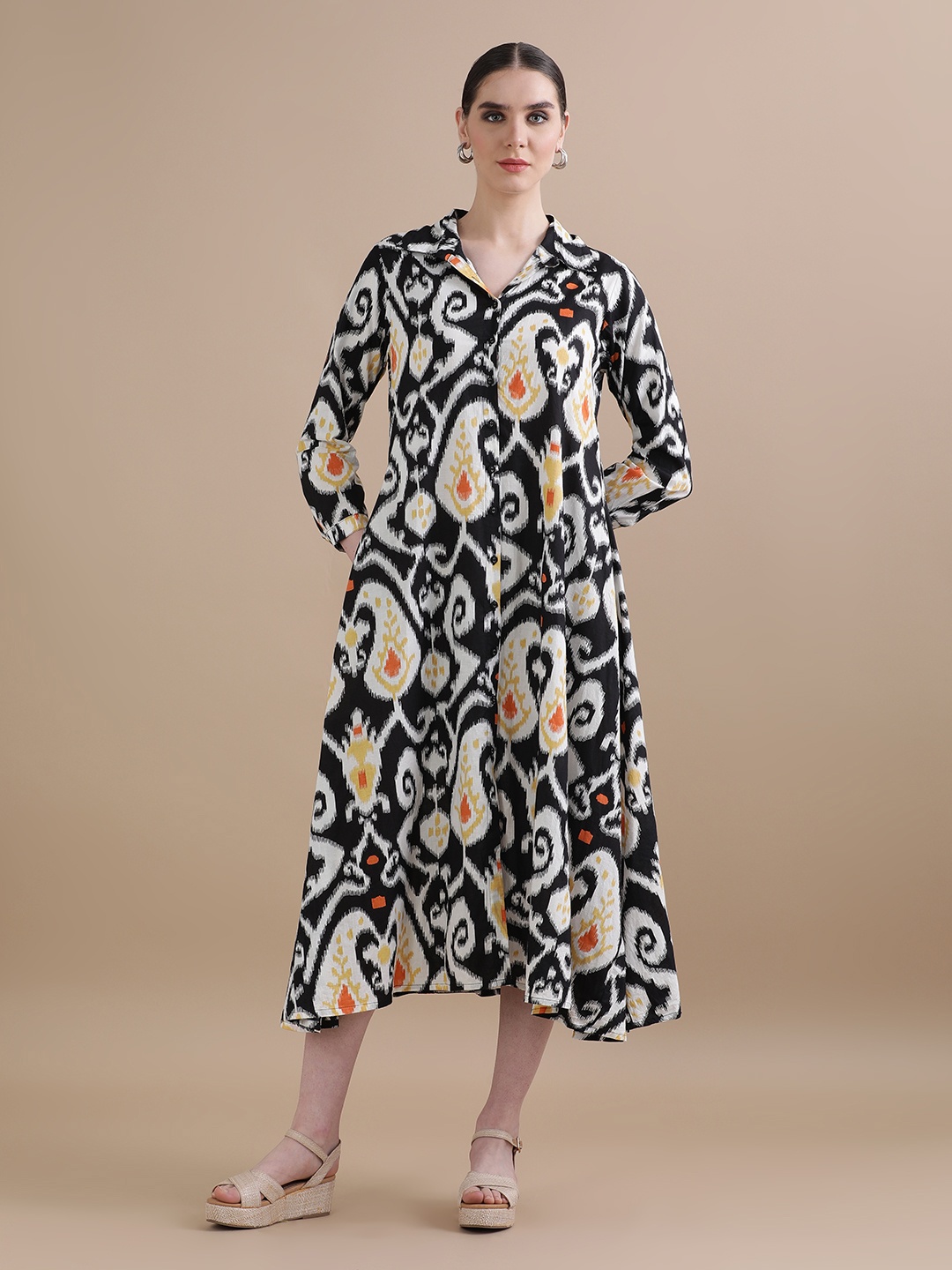 

BLACK & BLAH BLAH Relaxed Fit Ikat Printed A-Line Pure Cotton Monochrome Midi Dress