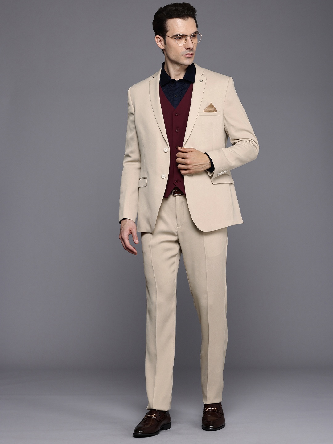 

Theme Men 3 Piece Solid Slim Fit Suit, Cream