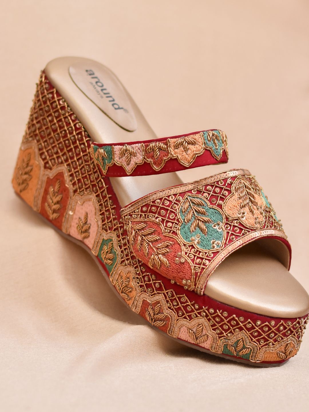 

Around Always Embellished Ethnic Wedges Sandals, Red