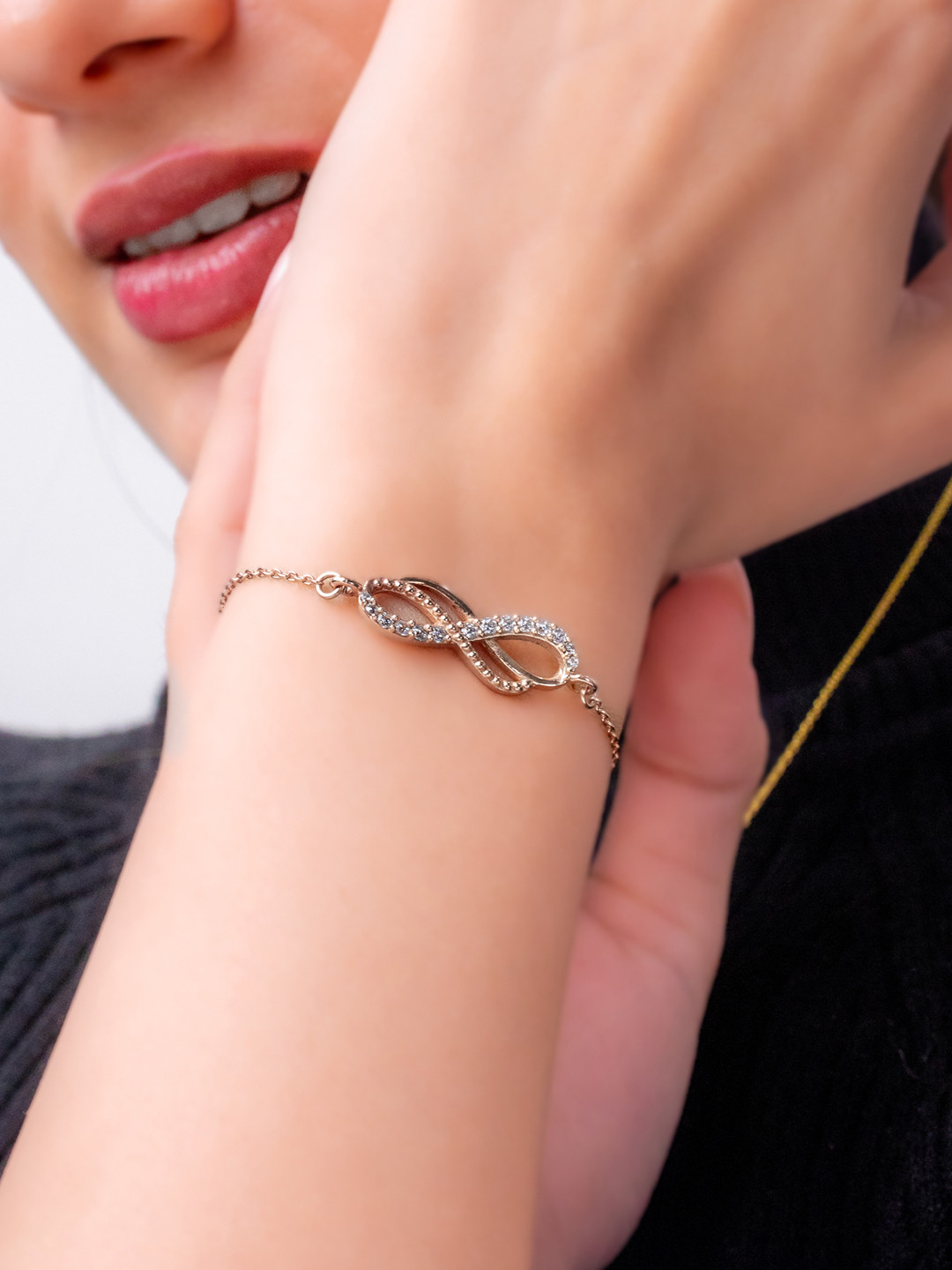 

Mabel 925 Sterling Silver Rose Gold-Plated CZ Studded Double Infinity Chain Link Bracelet