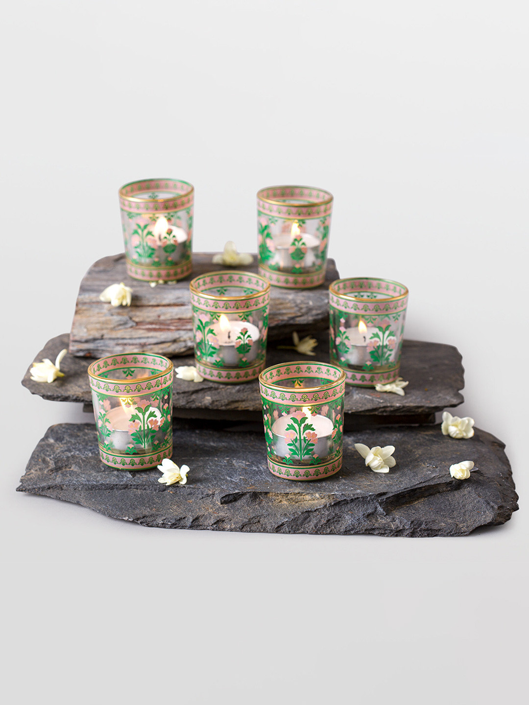 

Mirooh Green & Pink 6 Pieces Printed Candle Holders