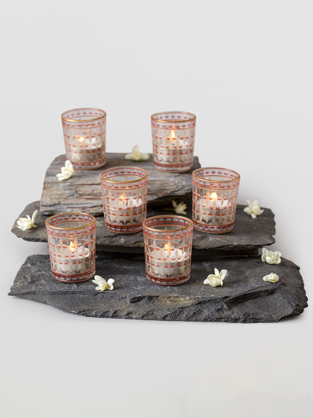 

Mirooh Burgundy & Transparent 6 Pieces Printed Candle Holders