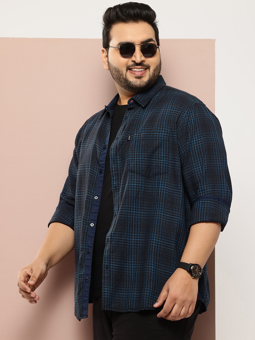 

Sztori Plus Size Pure Cotton Checked Casual Shirt, Blue