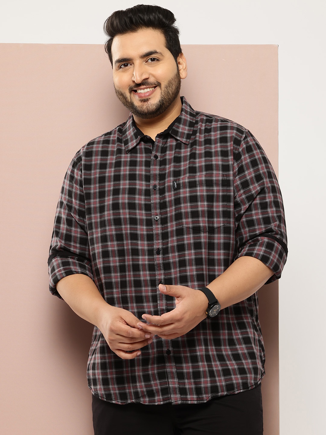 

Sztori Plus Size Pure Cotton Checked Casual Shirt, Black