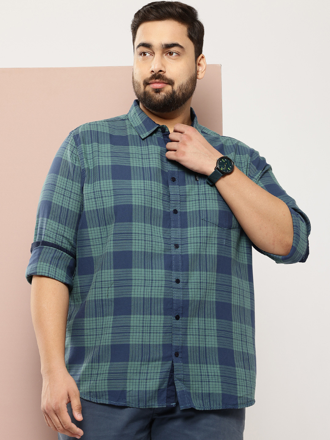 

Sztori Plus Size Pure Cotton Checked Casual Shirt, Blue