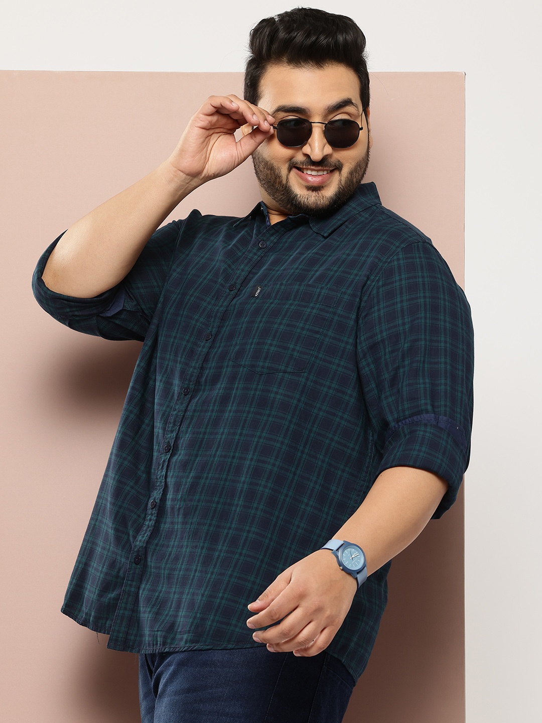 

Sztori Plus Size Checked Pure Cotton Shirt, Green