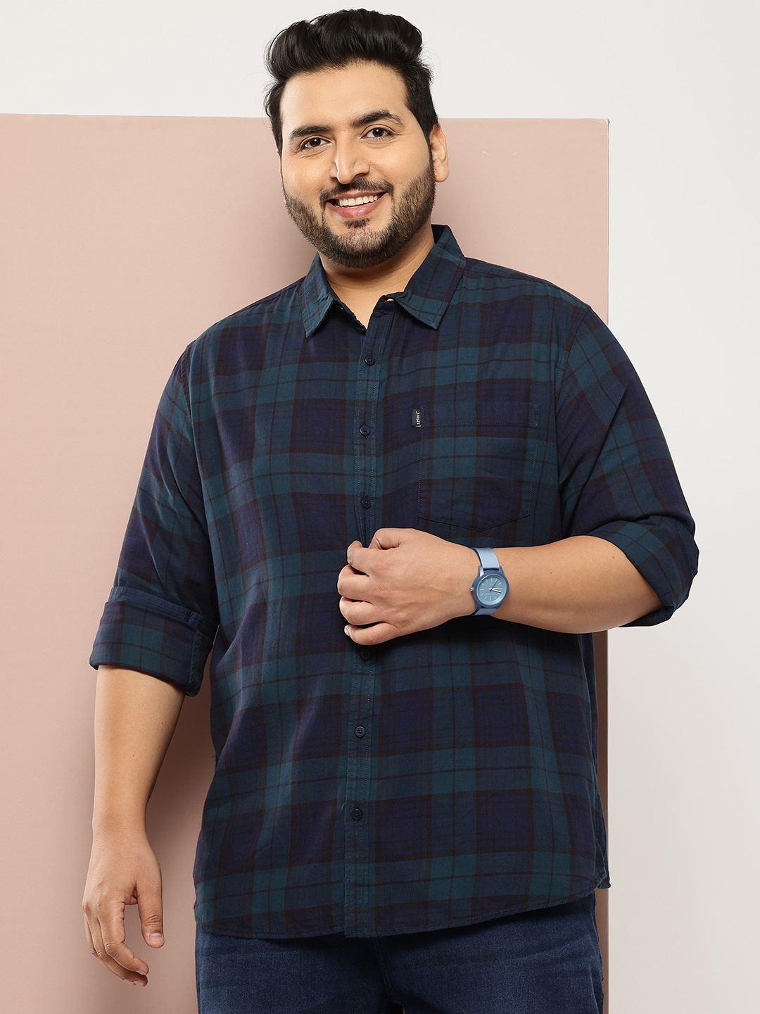 

Sztori Plus Size Checked Pure Cotton Shirt, Navy blue