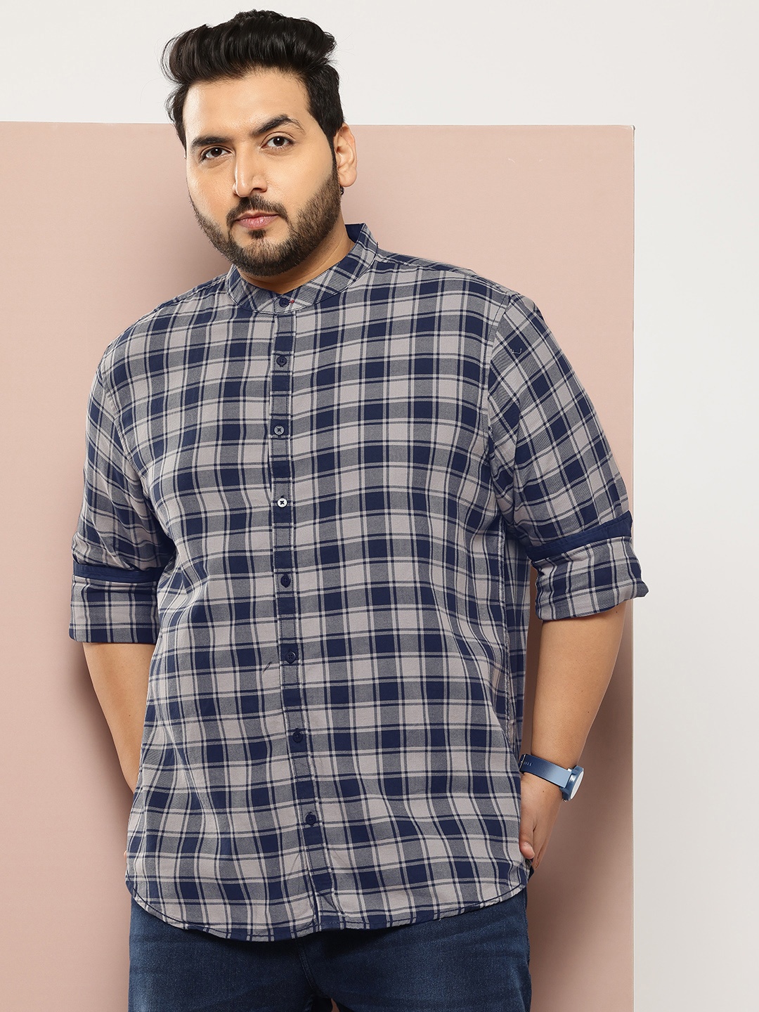 

Sztori Plus Size Checked Pure Cotton Shirt, Navy blue