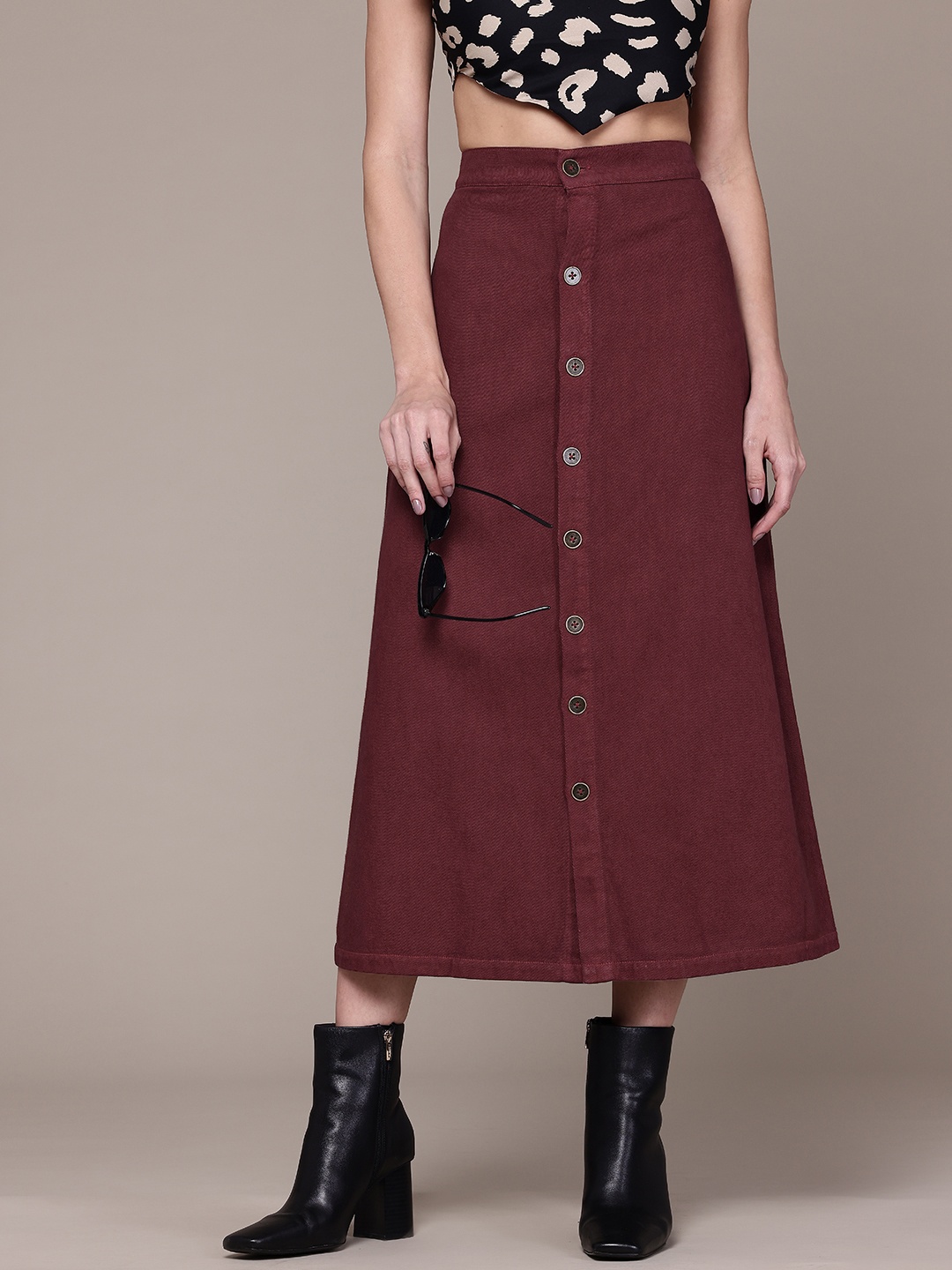 

Roadster Denim Midi A-Line Skirt, Maroon