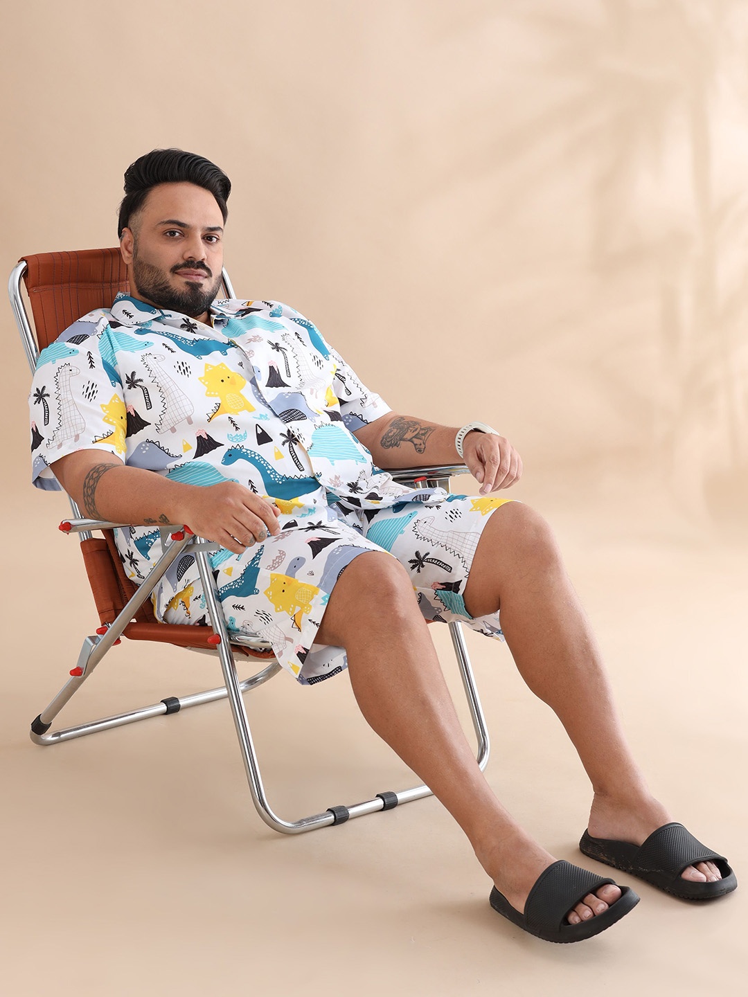 

Bushirt Plus Size Conversational Printed Cuban Collar Short Sleeves Shirt With Shorts, White