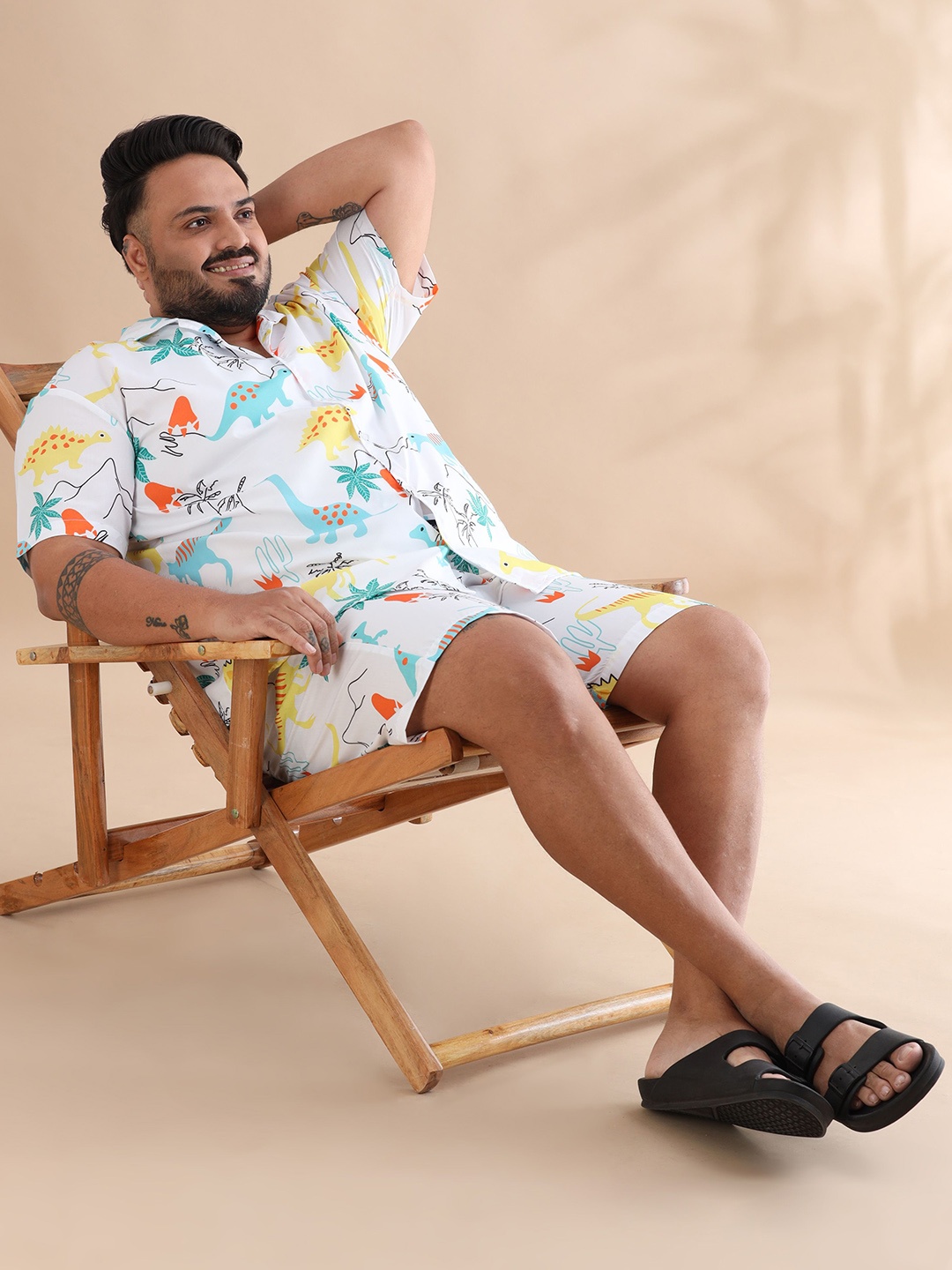 

Bushirt Plus Size Tropical Printed Cuban Collar Short Sleeves Shirt With Shorts, White