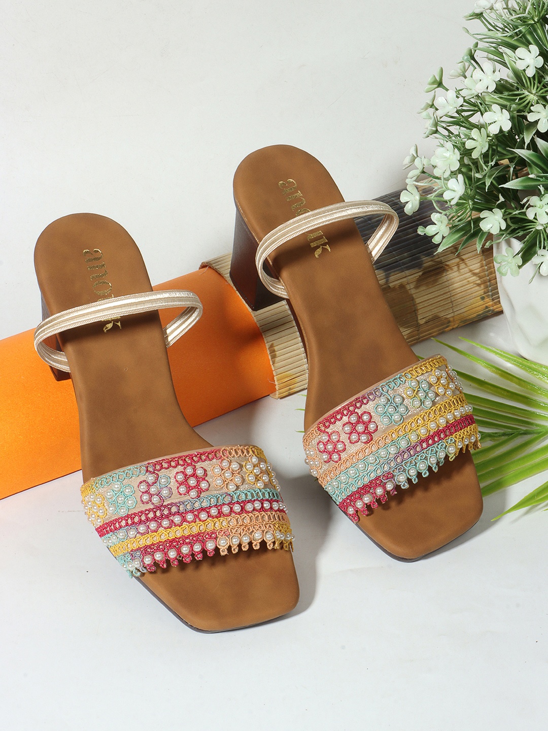 

Anouk Women Open Toe Block Heels Sandals With Western - Embellished, Tan