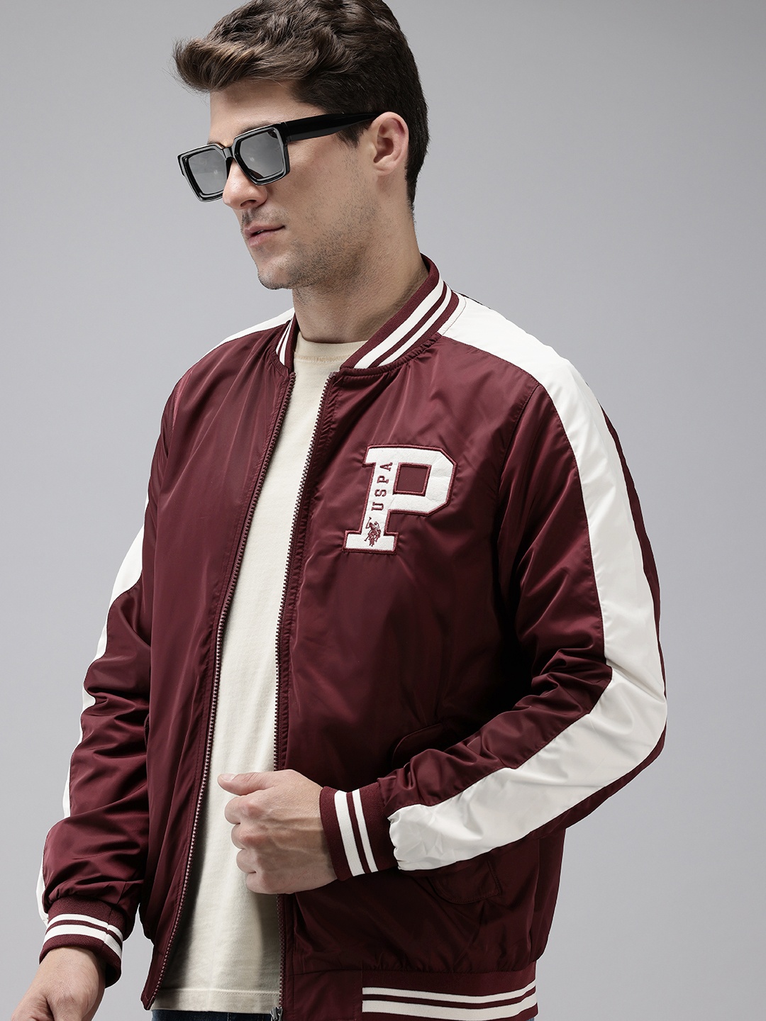 

U.S. Polo Assn. Denim Co. Mandarin Collar Embroidered Varsity Jacket, Maroon