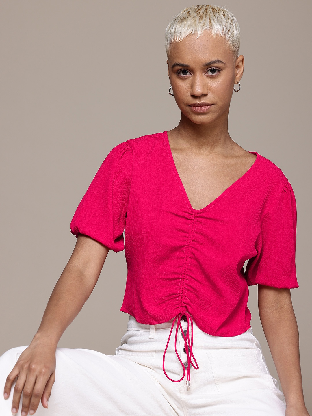 

Roadster Puff Sleeves Ruched Crepe Crop Top, Magenta