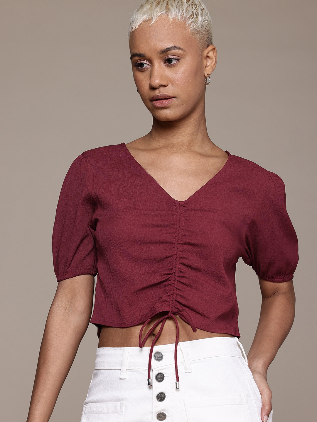 

Roadster Puff Sleeves Ruched Crepe Crop Top, Maroon