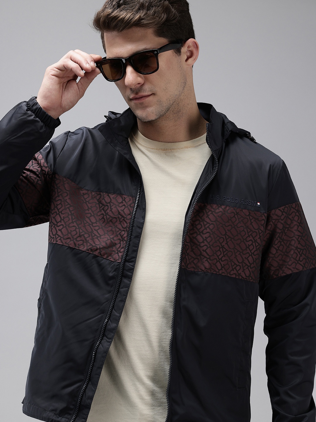 

U.S. Polo Assn. Brand Logo Printed Hooded Bomber Jacket, Navy blue
