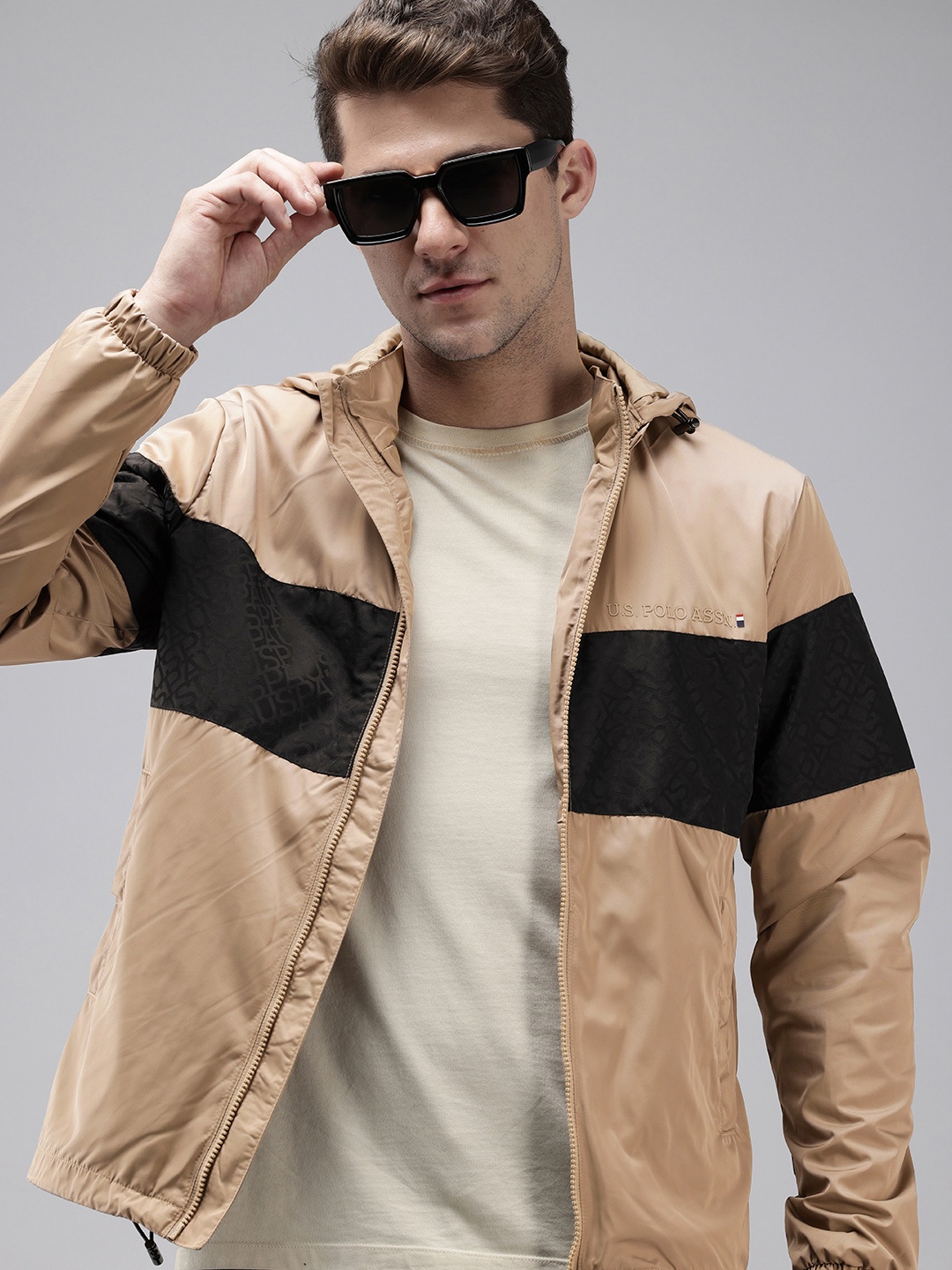 U.S. Polo Assn. Brand Logo Printed Hooded Bomber Jacket, Beige