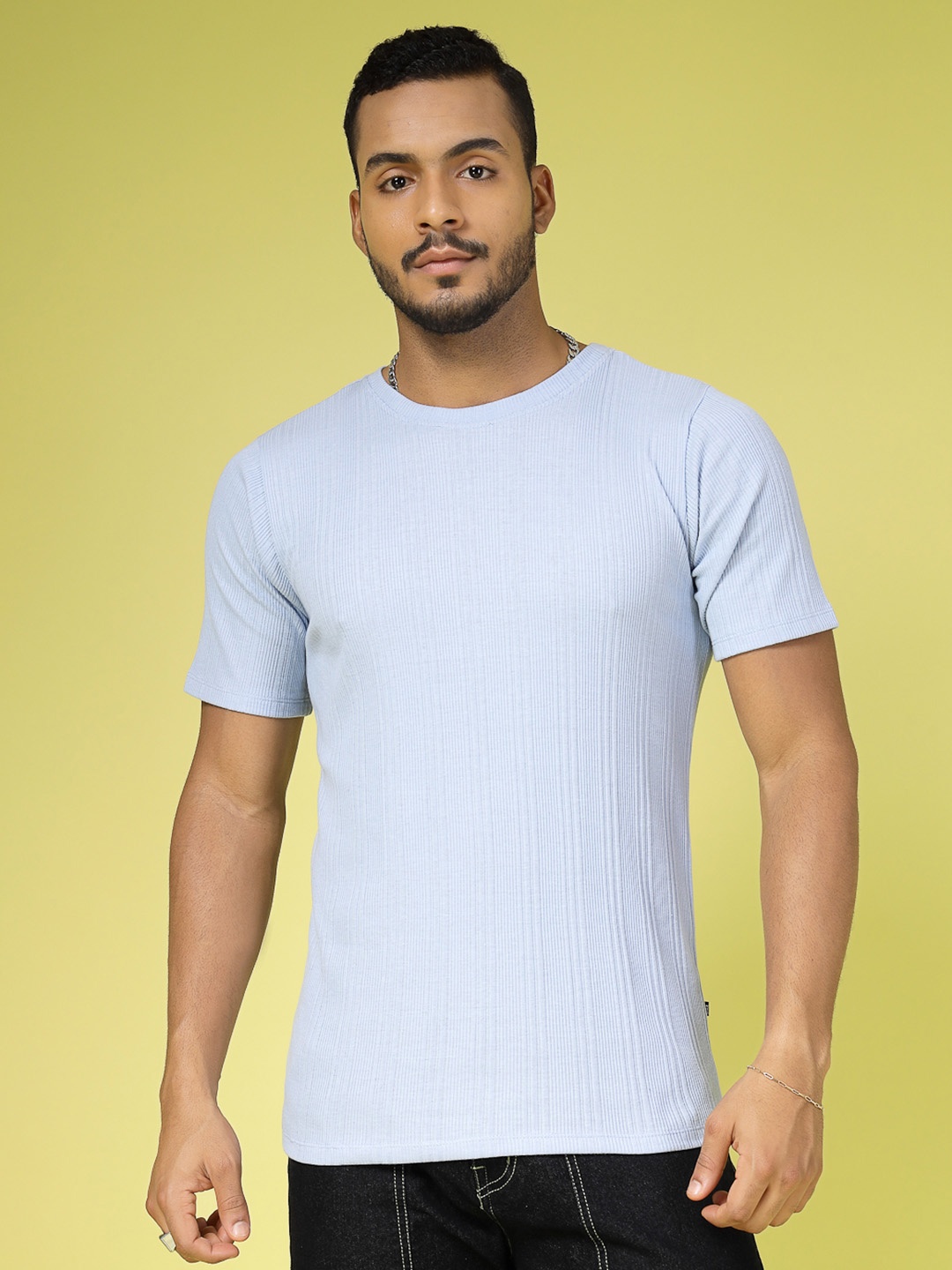 

Rigo Men Self Design Round Neck Slim Fit T-shirt, Blue