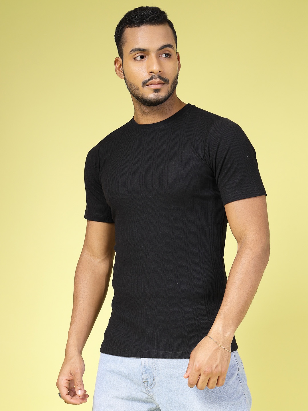 

Rigo Men Self Design Round Neck Slim Fit T-shirt, Black