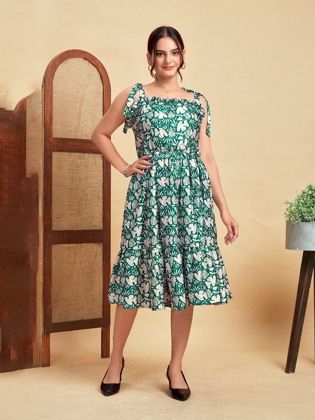 

ANAMSA Floral Printed Fit & Flare Dress, Green