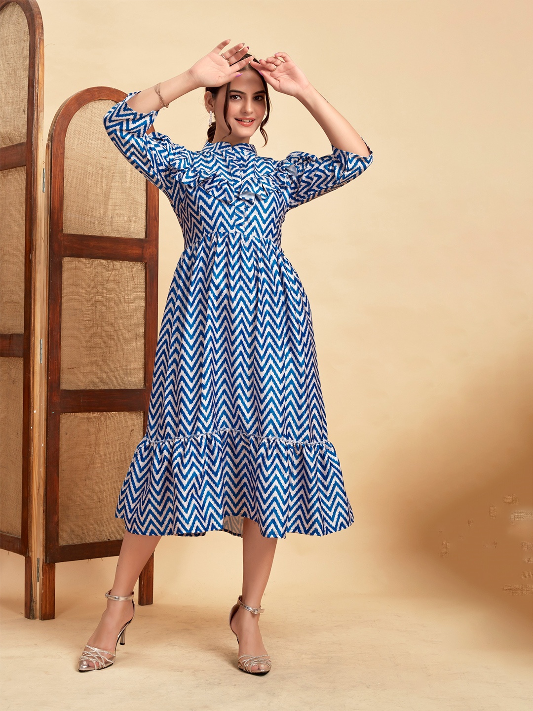 

ANAMSA Printed Mock Neck Ruffles A-Line Midi Dress, Blue