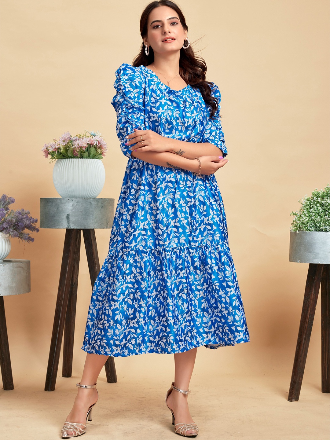 

ANAMSA Floral Printed Fit and Flare Midi Dress, Blue