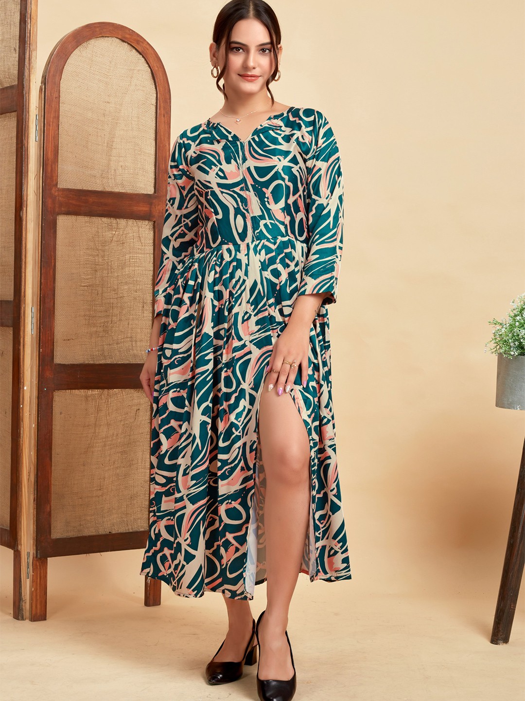

ANAMSA Printed Fit & Flare Midi Dress, Green