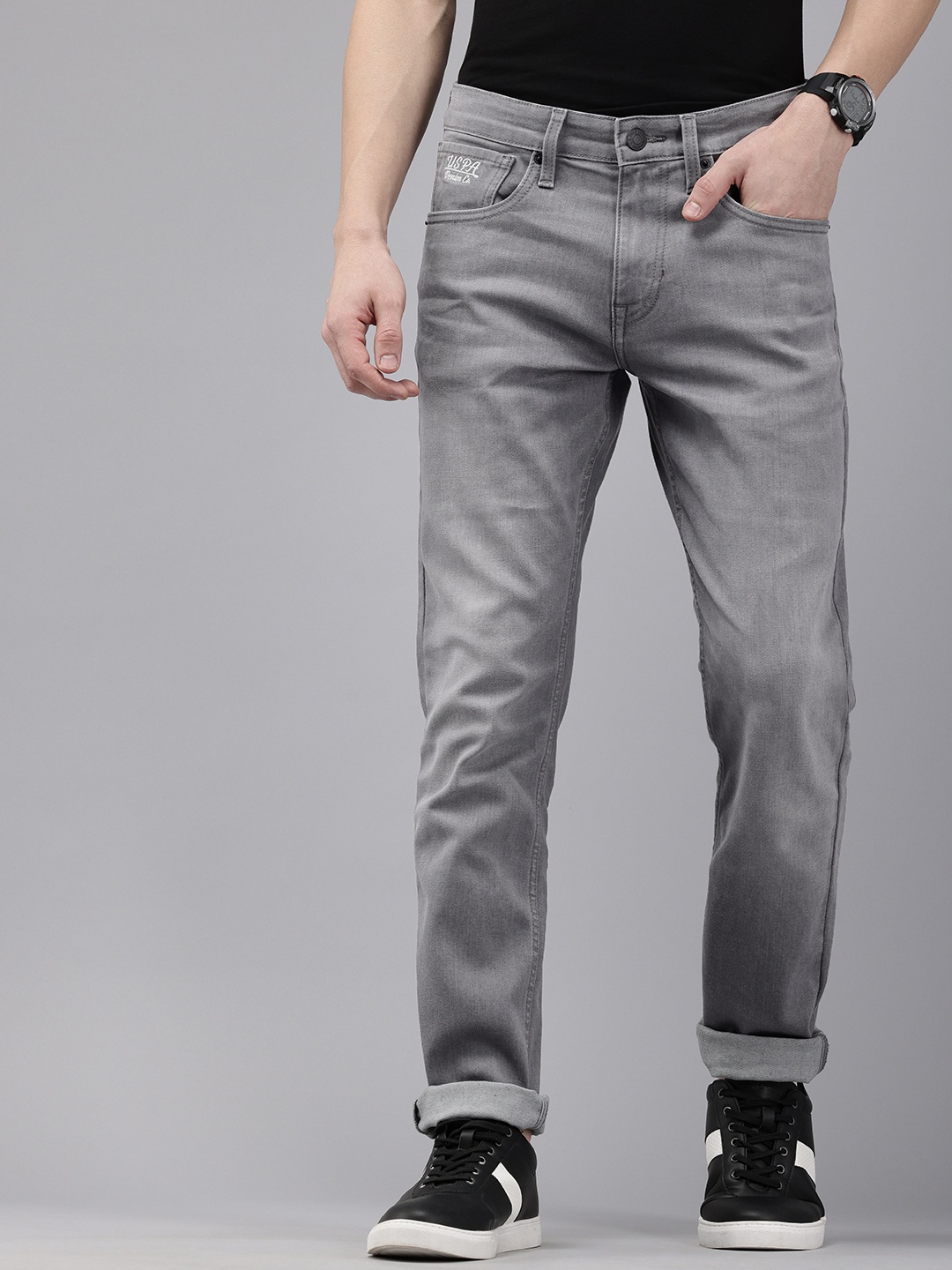 

U.S. Polo Assn. Denim Co. Men Brandon Slim Tapered Fit Light Fade Stretchable Jeans, Grey