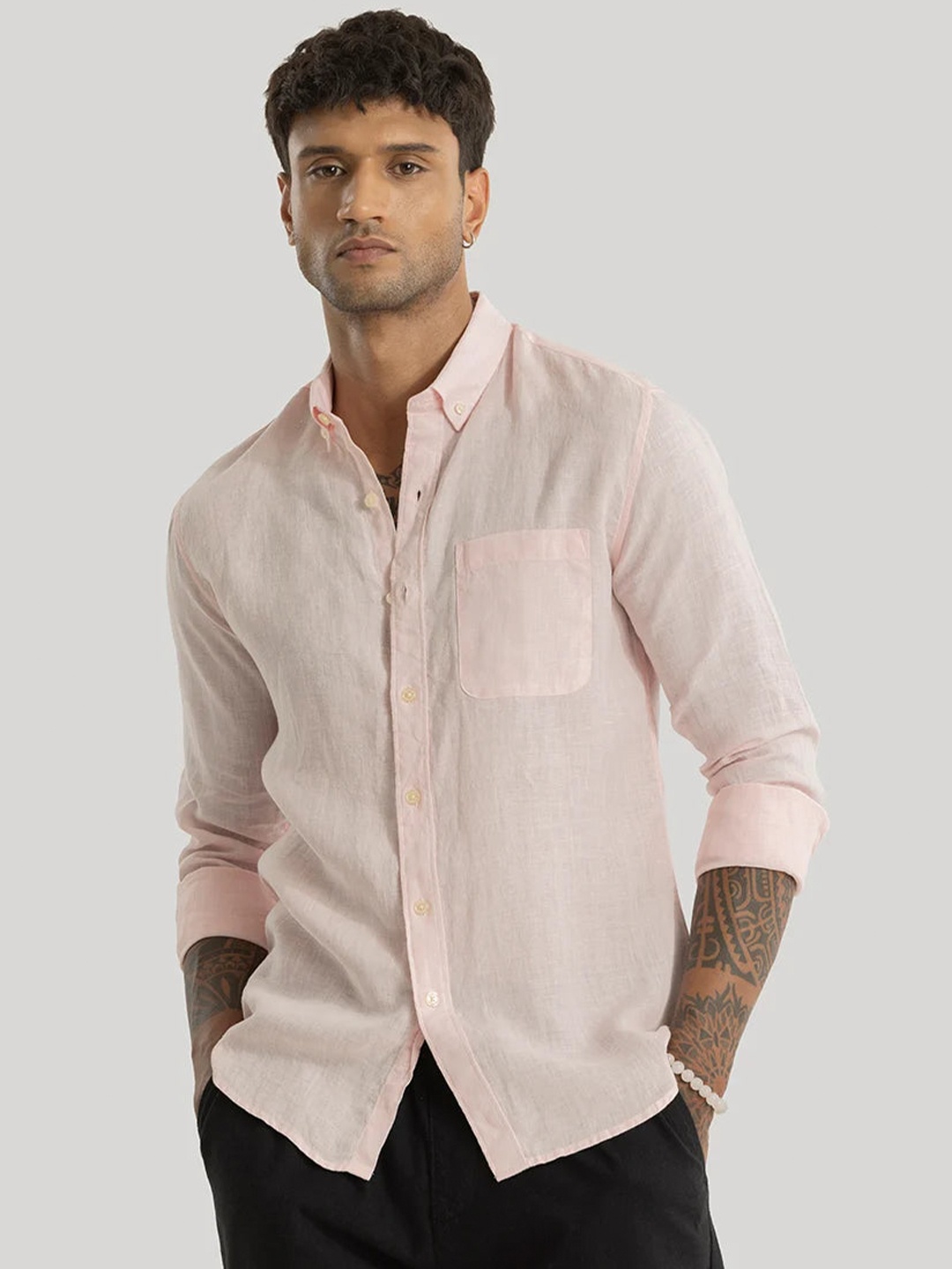 

Snitch Men Smart Slim Fit Linen Opaque Casual Shirt, Pink