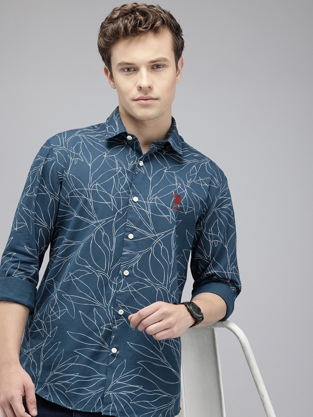 

U.S. Polo Assn. Denim Co. Pure Cotton Slim Fit Tropical Printed Casual Shirt, Navy blue