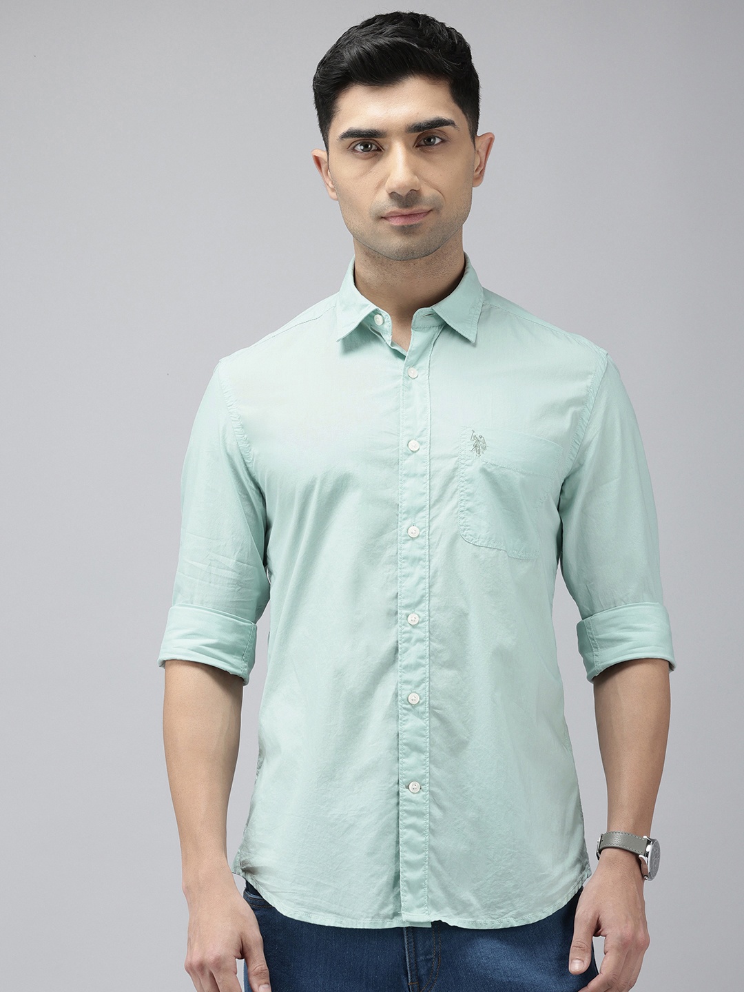 

U.S. Polo Assn. Denim Co. Pure Cotton Slim Fit Opaque Casual Shirt, Sea green