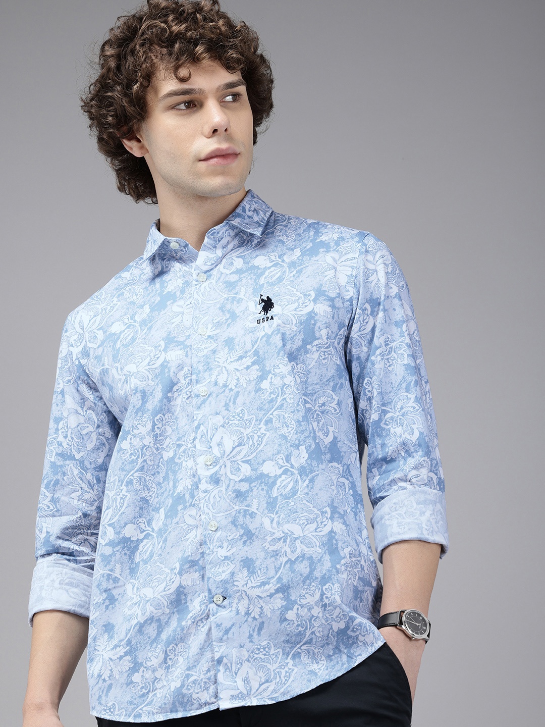 

U.S. Polo Assn. Denim Co. Pure Cotton Slim Fit Floral Printed Opaque Casual Shirt, Blue