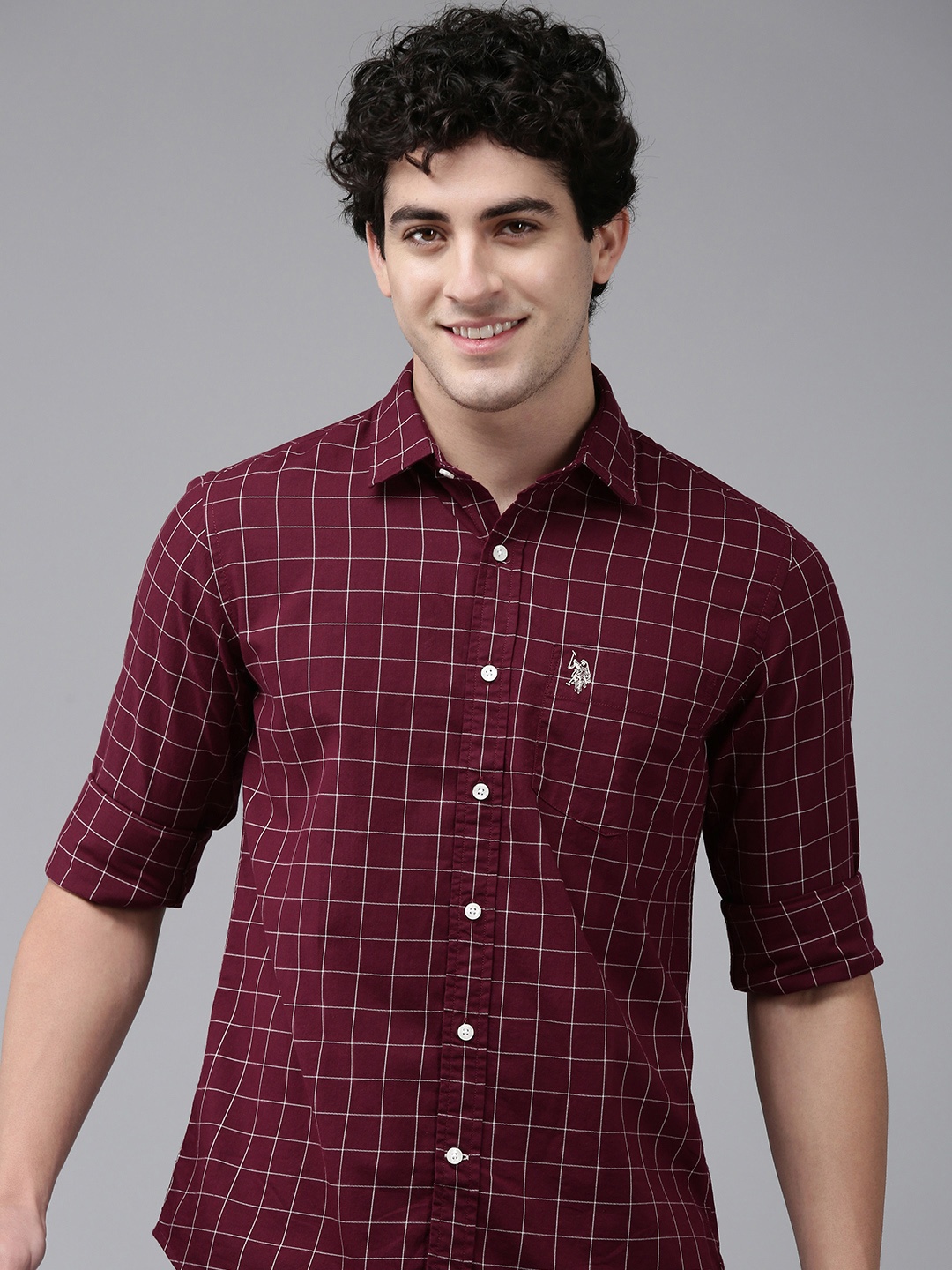 

U.S. Polo Assn. Pure Cotton Tailored Fit Grid Tattersall Checks Casual Shirt, Maroon