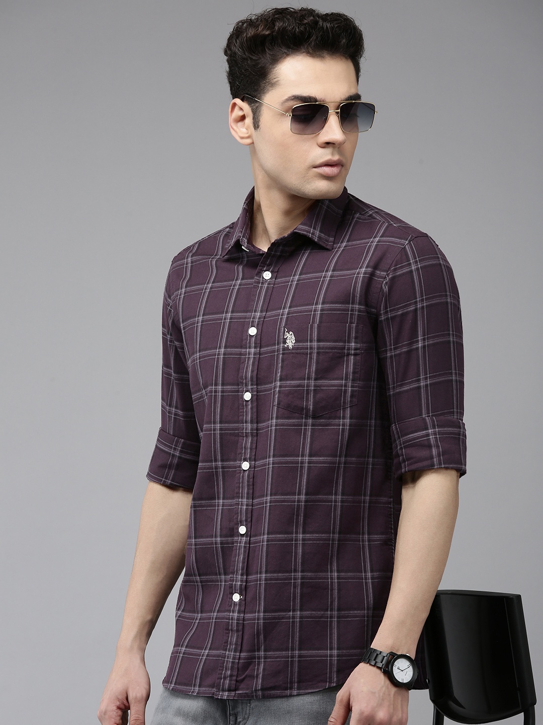 

U.S. Polo Assn. Tailored Fit Checked Pure Cotton Casual Shirt, Burgundy