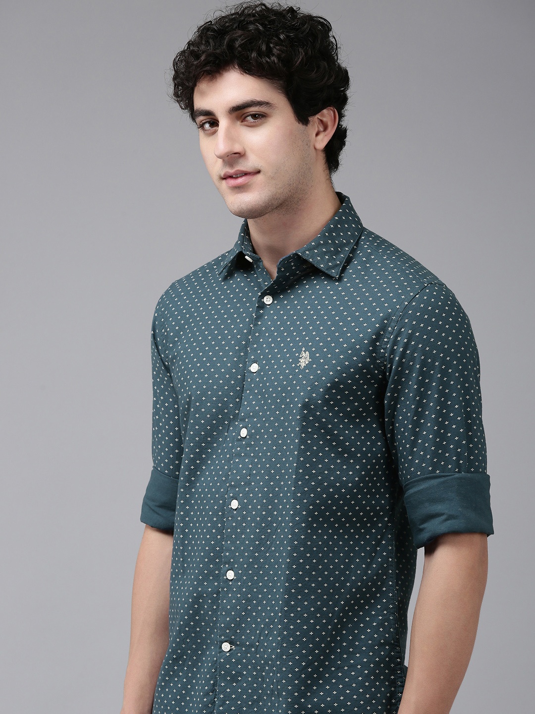 

U.S. Polo Assn. Tailored Fit Geometric Printed Pure Cotton Casual Shirt, Teal