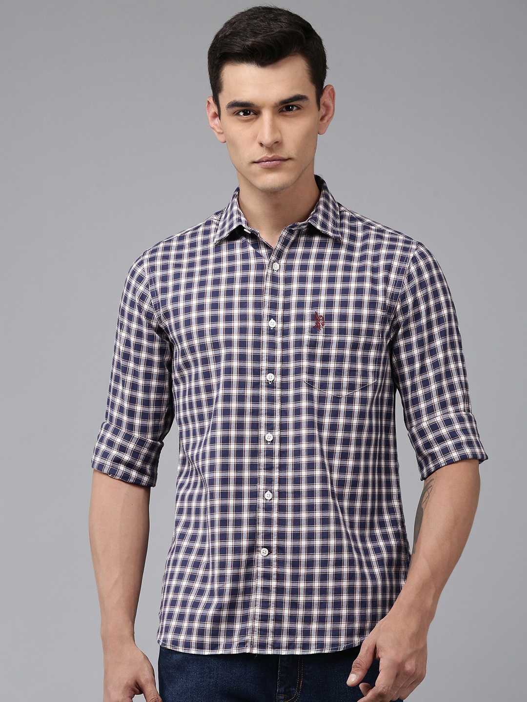

U.S. Polo Assn. Tailored Fit Checked Pure Cotton Casual Shirt, Navy blue