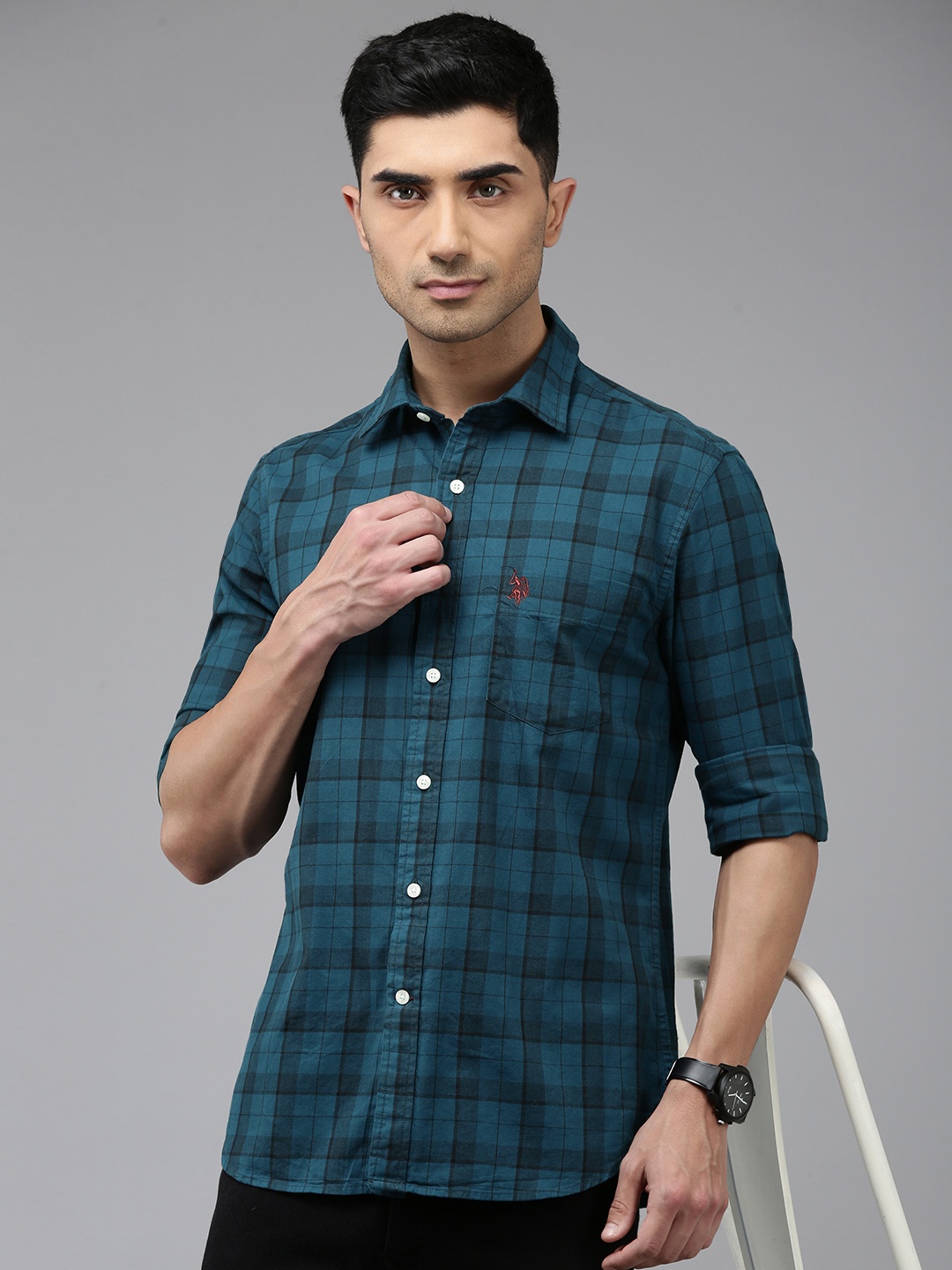 

U.S. Polo Assn. Tailored Fit Opaque Checked Pure Cotton Casual Shirt, Teal